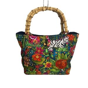 Hawaiian Mailelani’s purse, vivid colors, cotton animal print, bamboo handle